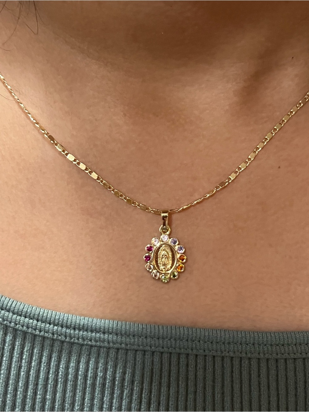 Gold Multicolor Gem Mary Medallion Necklace
